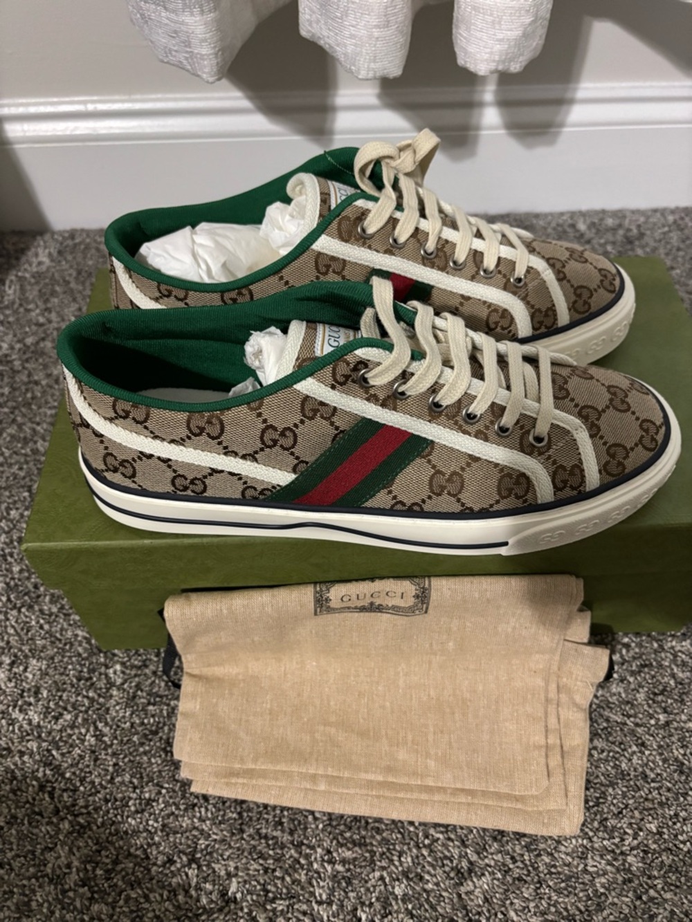 Gucci Beige GG Canvas Sneakers with Green & Red Stripe